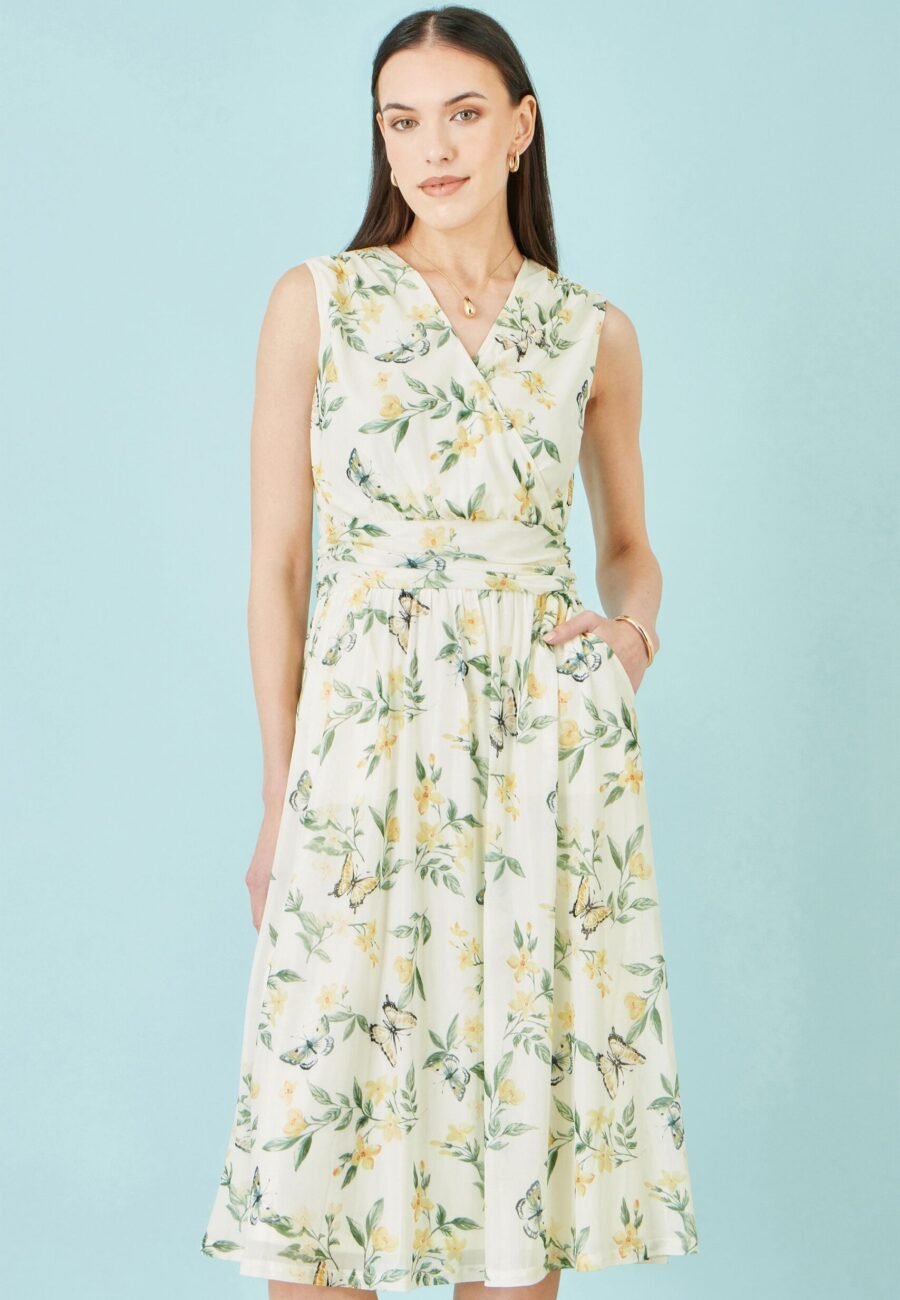 Yumi White Floral Print Mesh Stretch Midi Dress With Pockets
