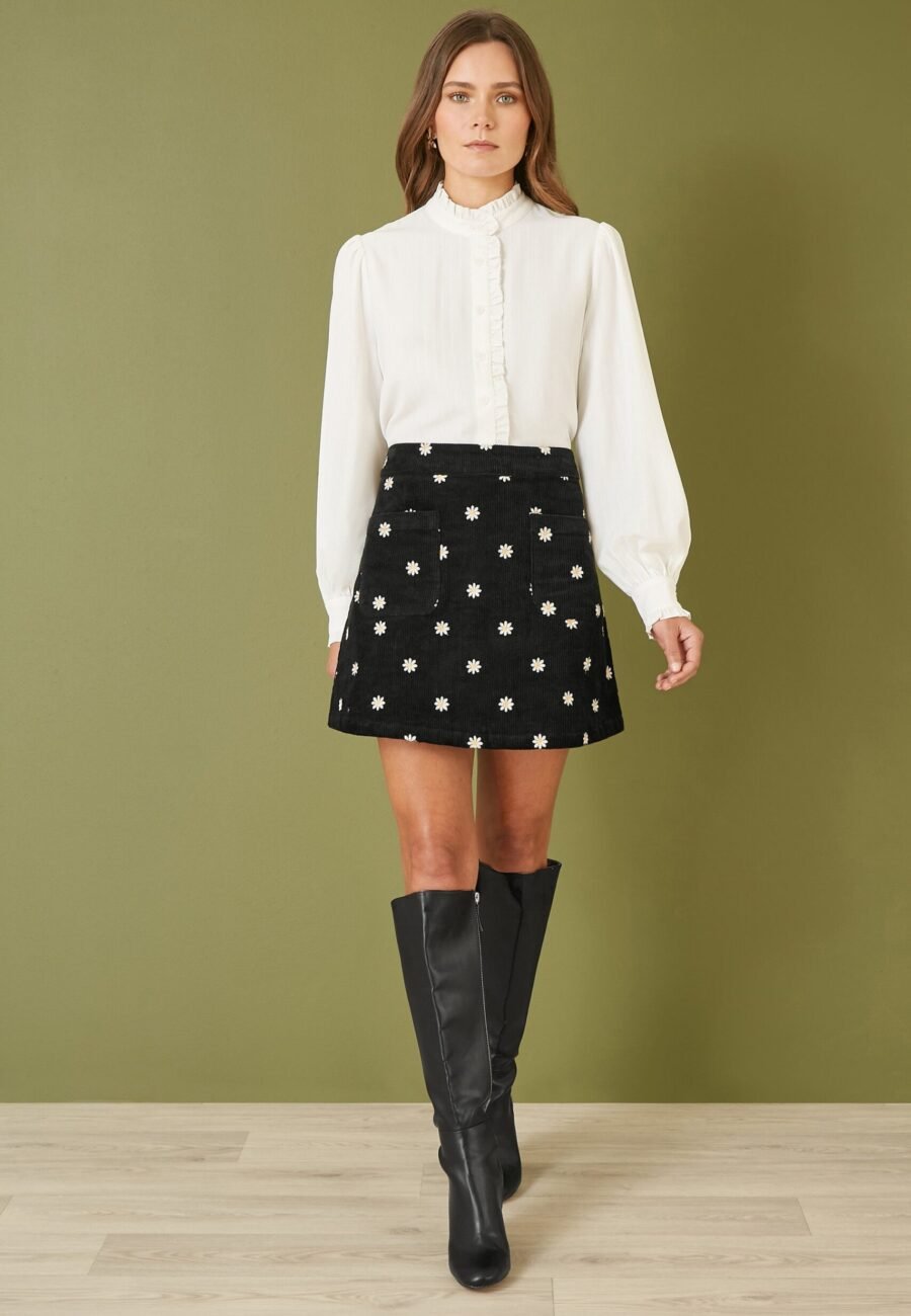 Yumi Black Corduroy Embroidered Daisy Mini Skirt
