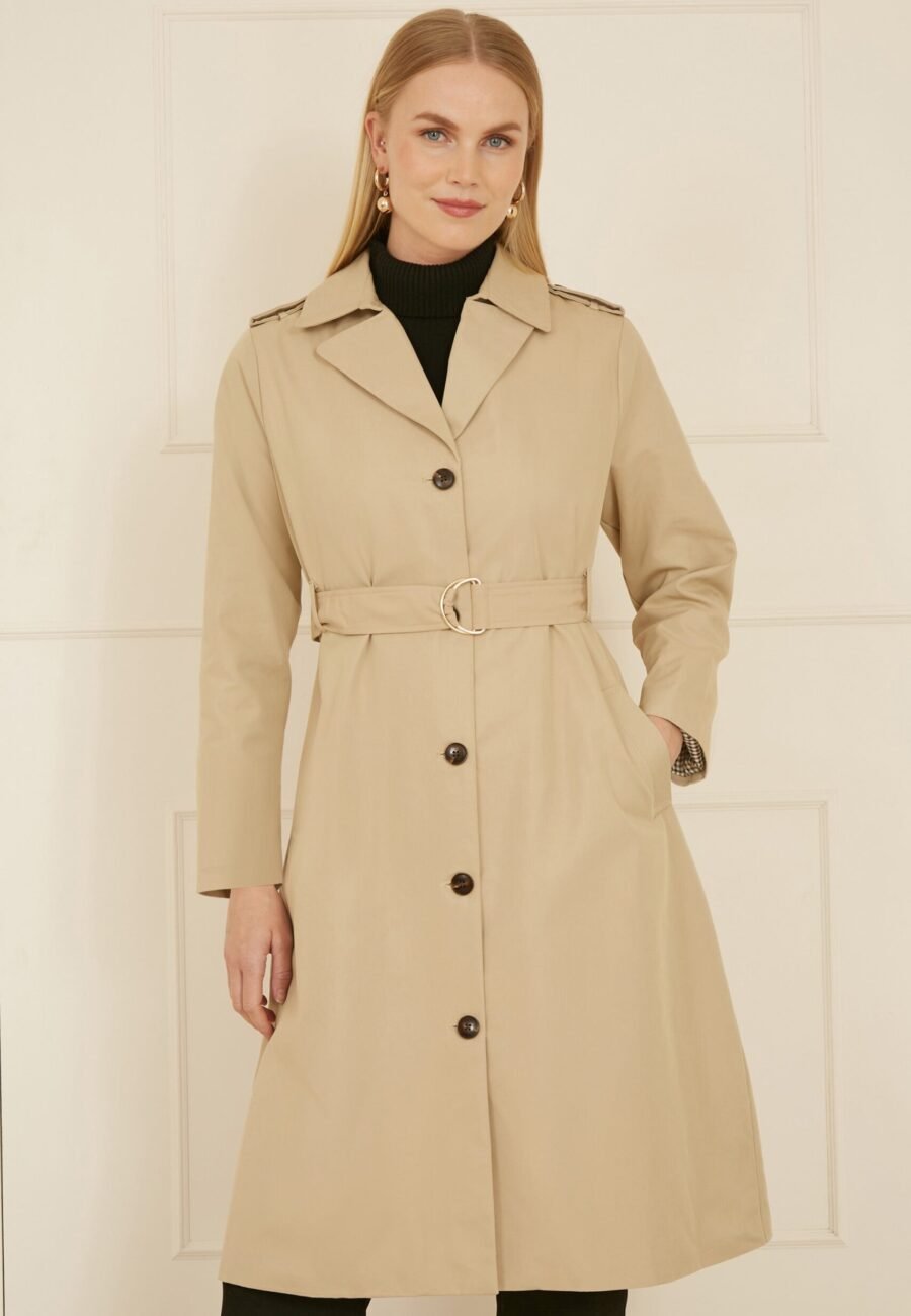 Yumi Beige Belted Long Trench Coat With Belt