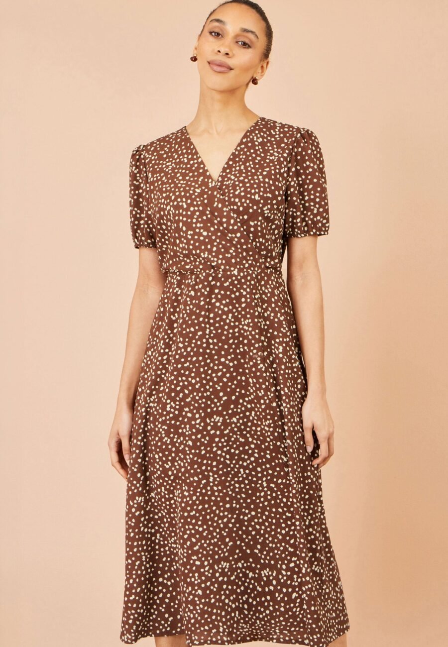 Yumi Brown Spot Midi Dress With Split Hemline