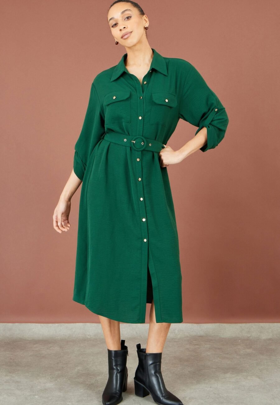 Yumi Green Stretch Midi Shirt Dress