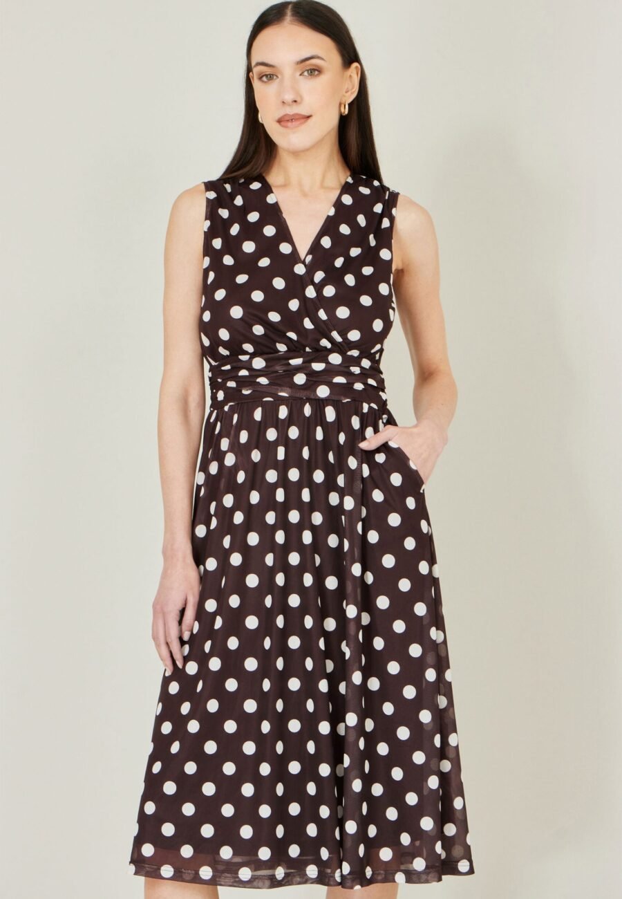 Yumi Brown Polka Dot Mesh Wrap Skater Dress With Pockets