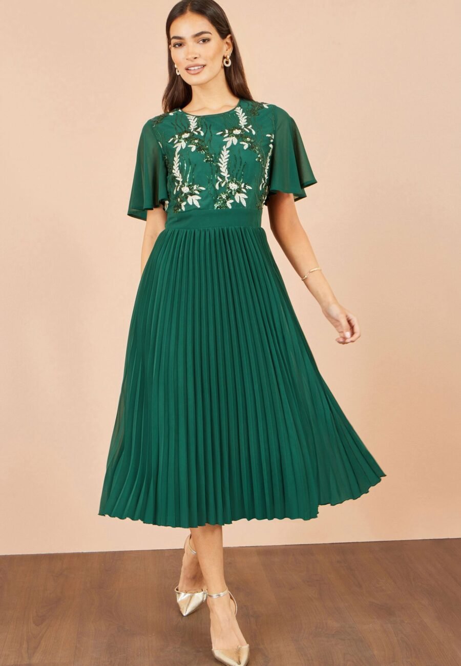 Yumi Green Sequin Embroidered Pleated Midi Dress