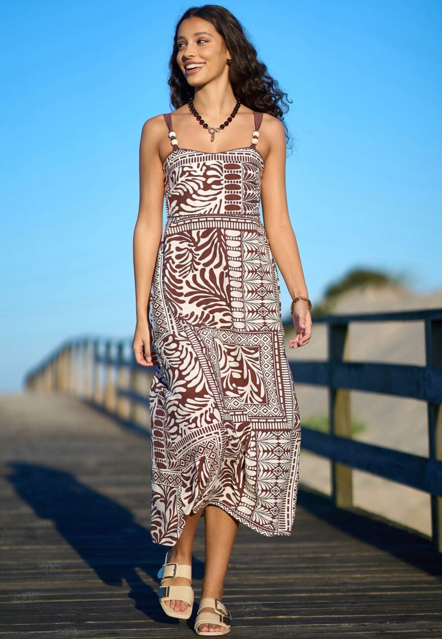 Yumi Brown Tile Print Maxi Dress With Bead Details