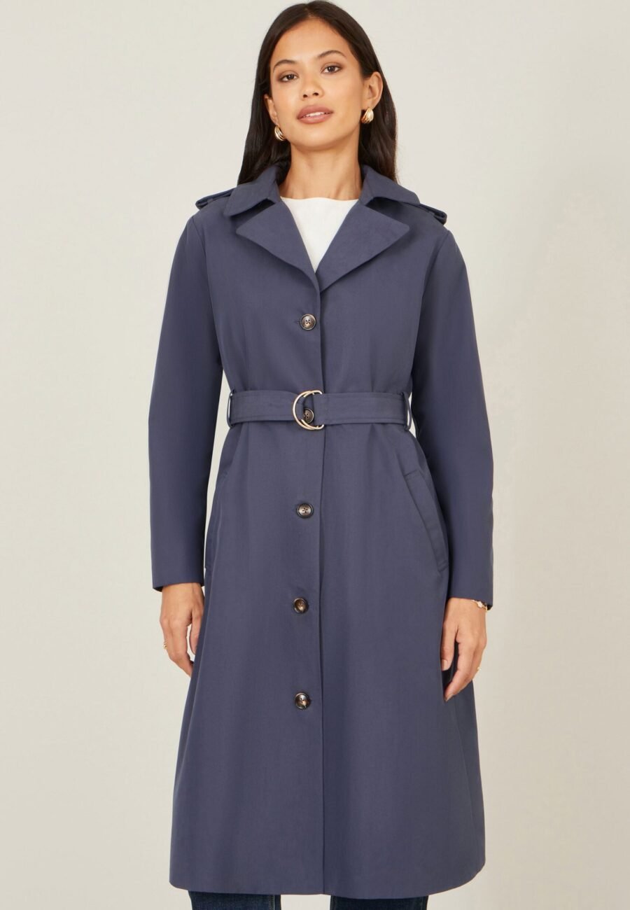 Yumi Navy Belted Long Trench Coat With Belt