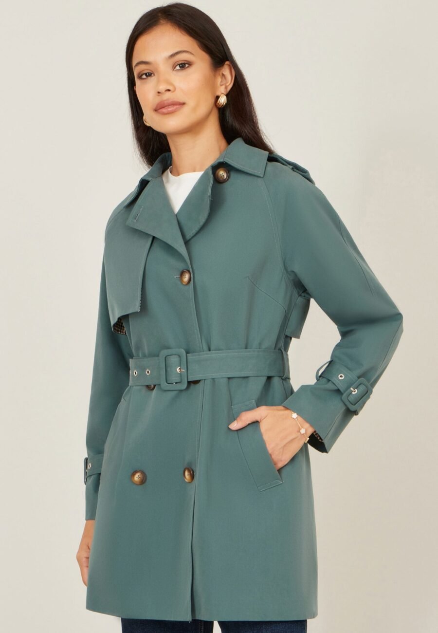 Yumi Blue Belted Trench Coat With Check Lining