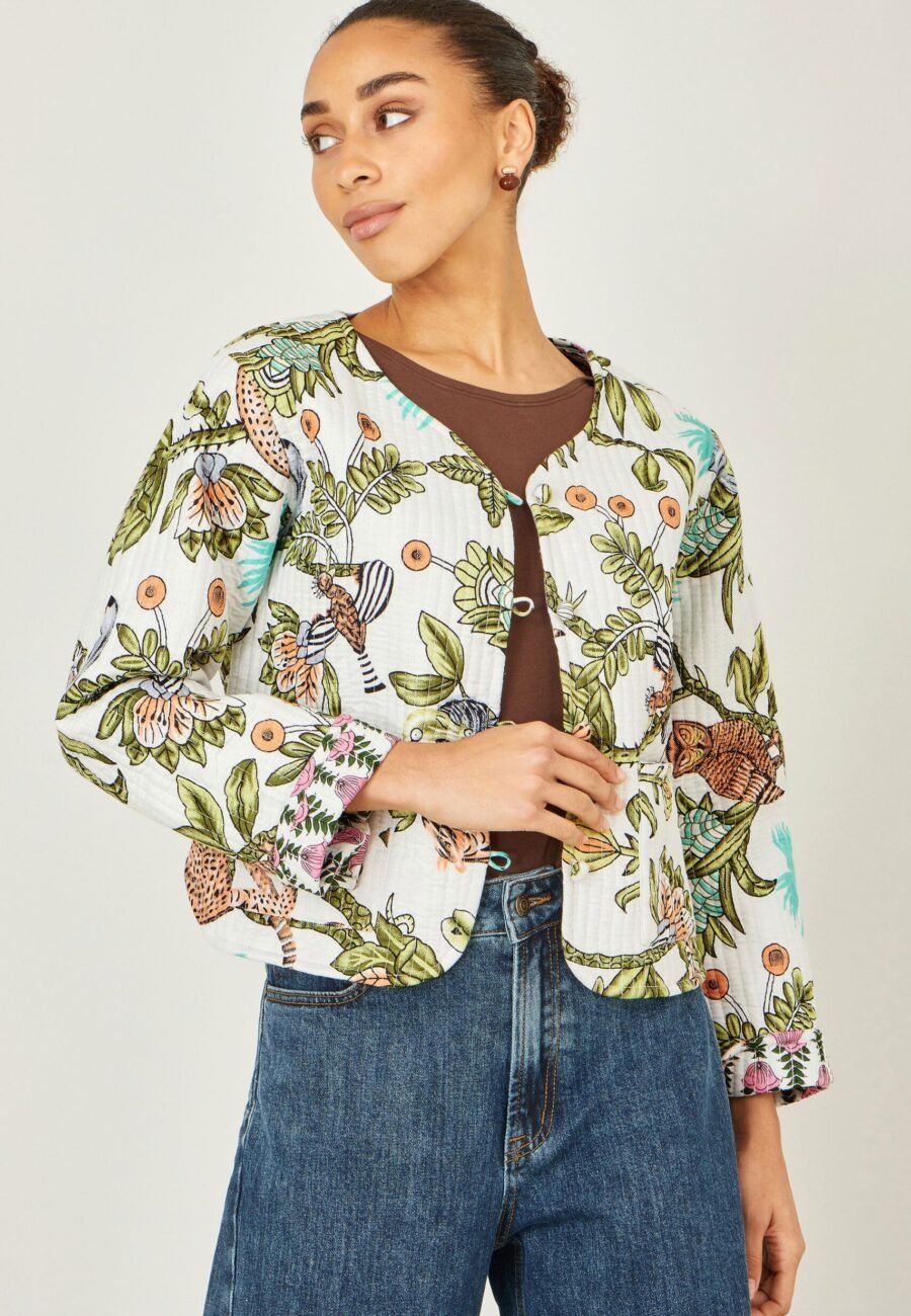 Yumi White Botanical Print Reversible Cotton Quilted Jacket