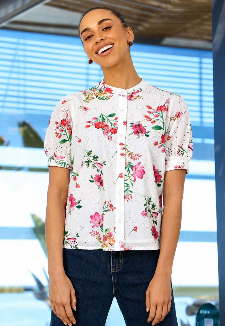 Yumi White Cotton Broderie Anglaise Floral Shirt