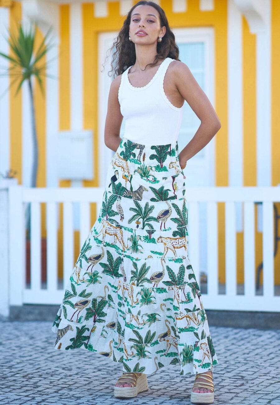 Yumi White Animal Print Cotton Tiered Maxi Skirt