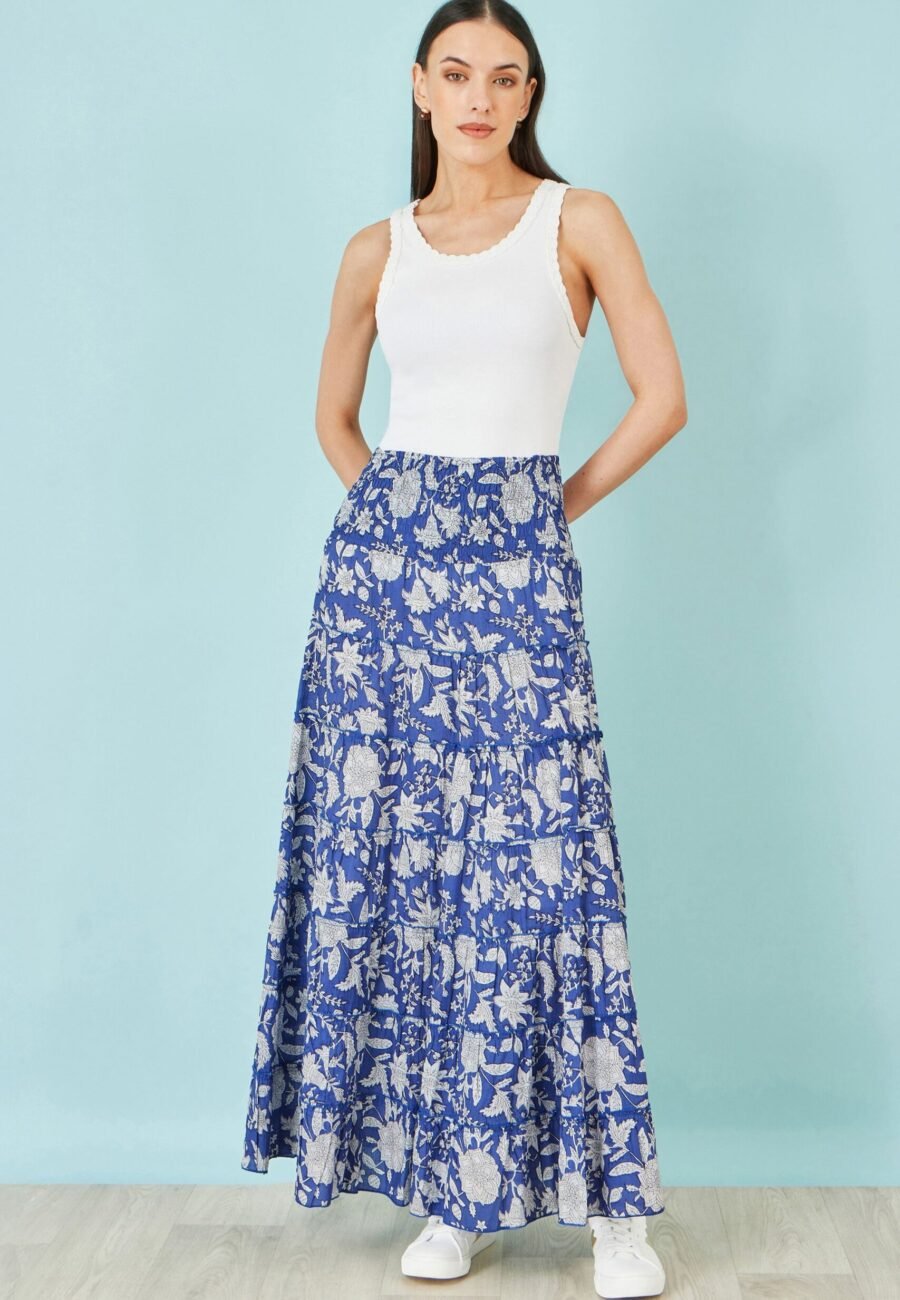 Yumi Blue Floral Cotton Tiered Maxi Skirt