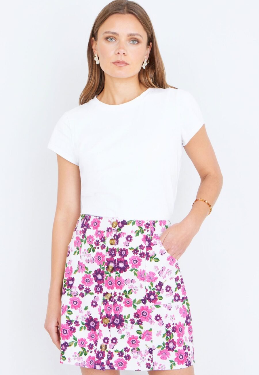 Yumi Pink Retro Floral Cotton Stretch Mini Skirt