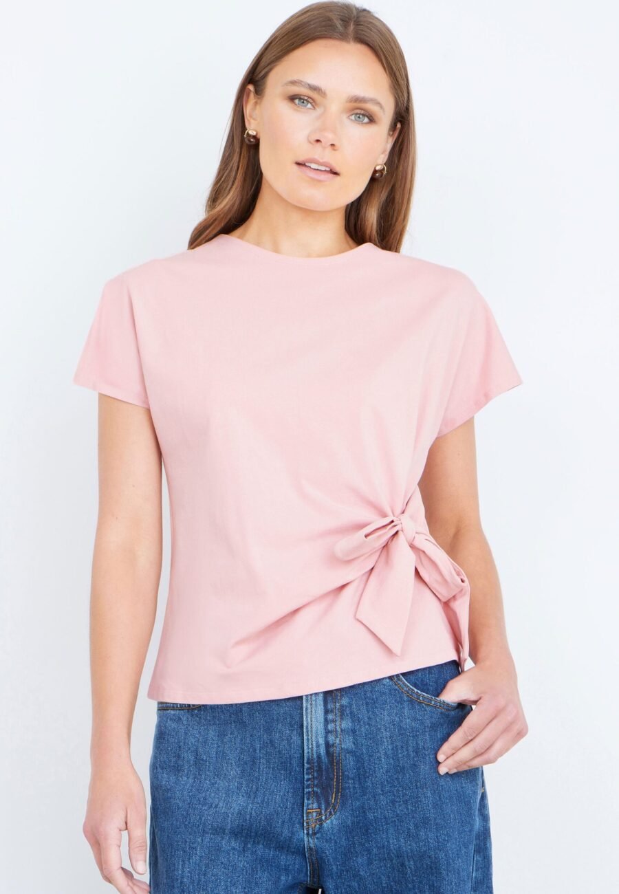 Yumi Pink Cotton Jersey Top With Knot Detail