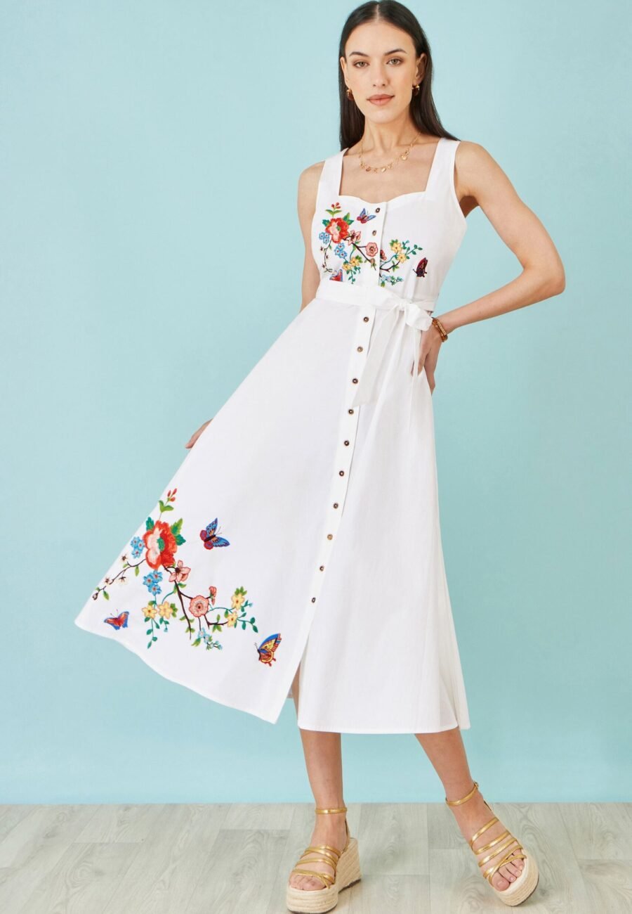 Yumi White Cotton Midi Dress With Embroidery