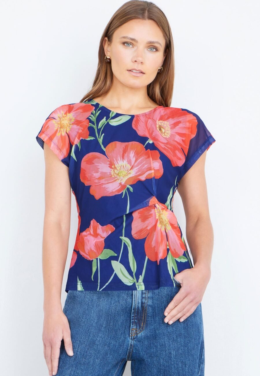 Yumi Navy Poppy Mesh Top