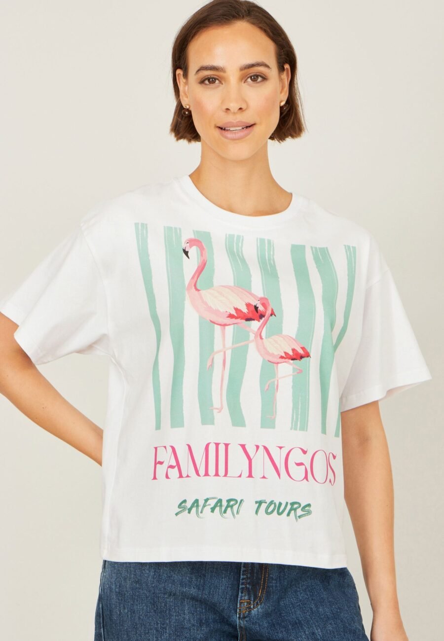 Yumi White Retro Relaxed Flamingo Cotton T Shirt