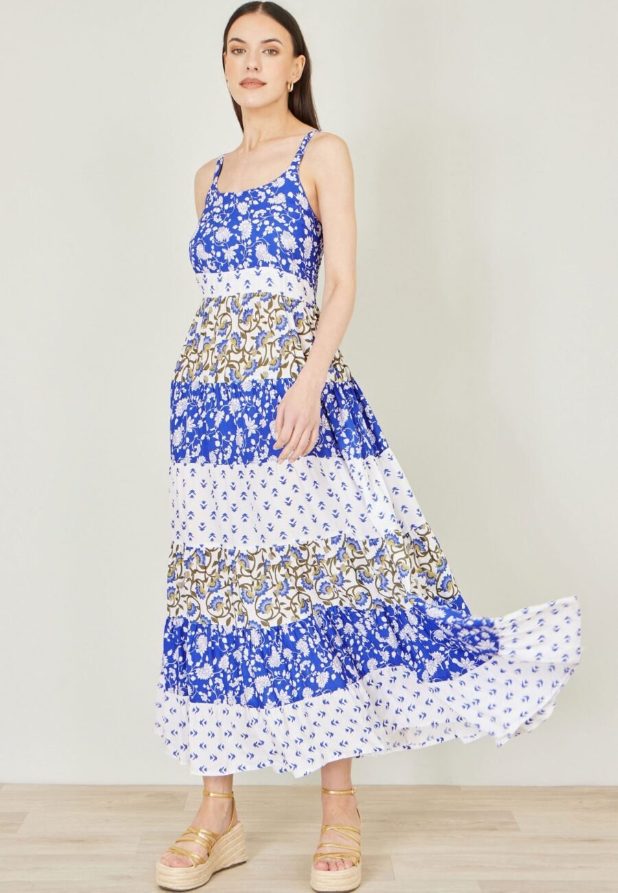 Yumi White And Blue Rayon Patchwork Print Tiered Maxi Dress