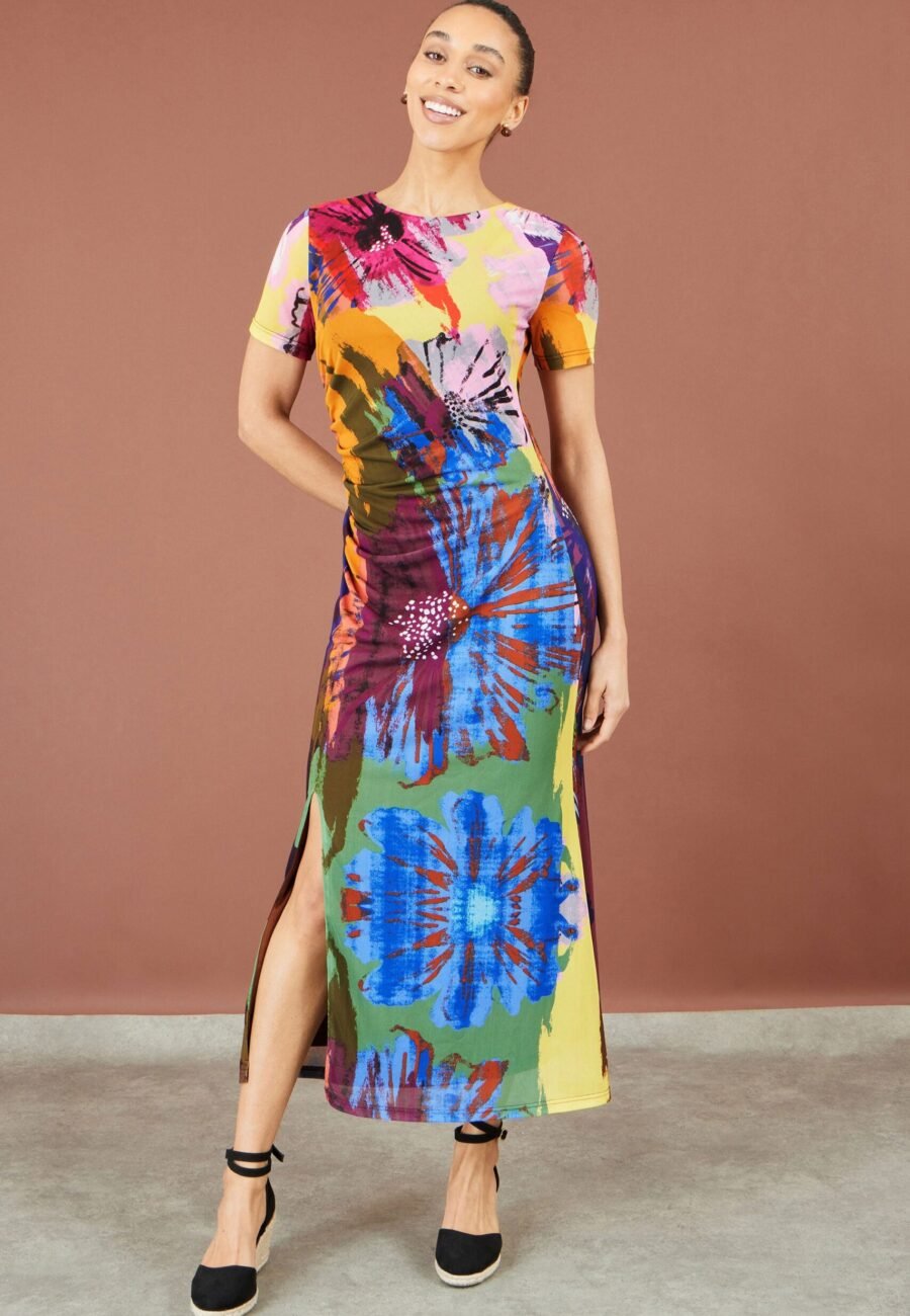 Yumi Multicolour Abstract Floral Mesh Midi Dress