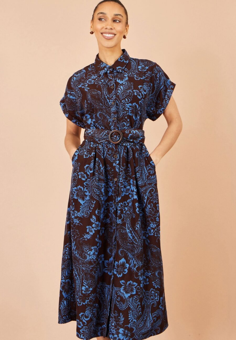 Yumi Brown Paisley Midi Shirt Dress