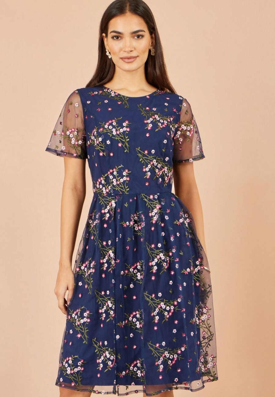 Yumi Navy Embroidered Floral Mesh Prom Dress