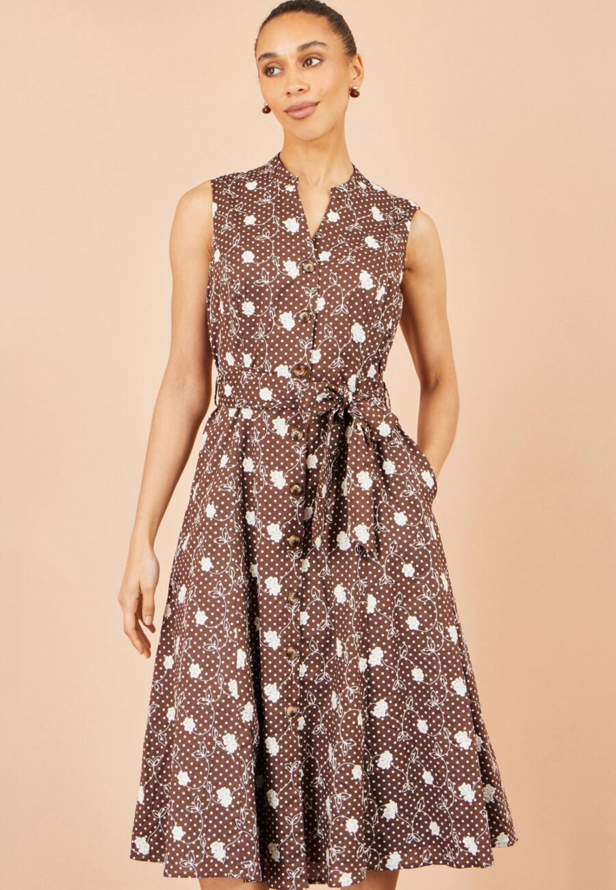 Yumi Brown Cotton Embroidery Shirt Dress