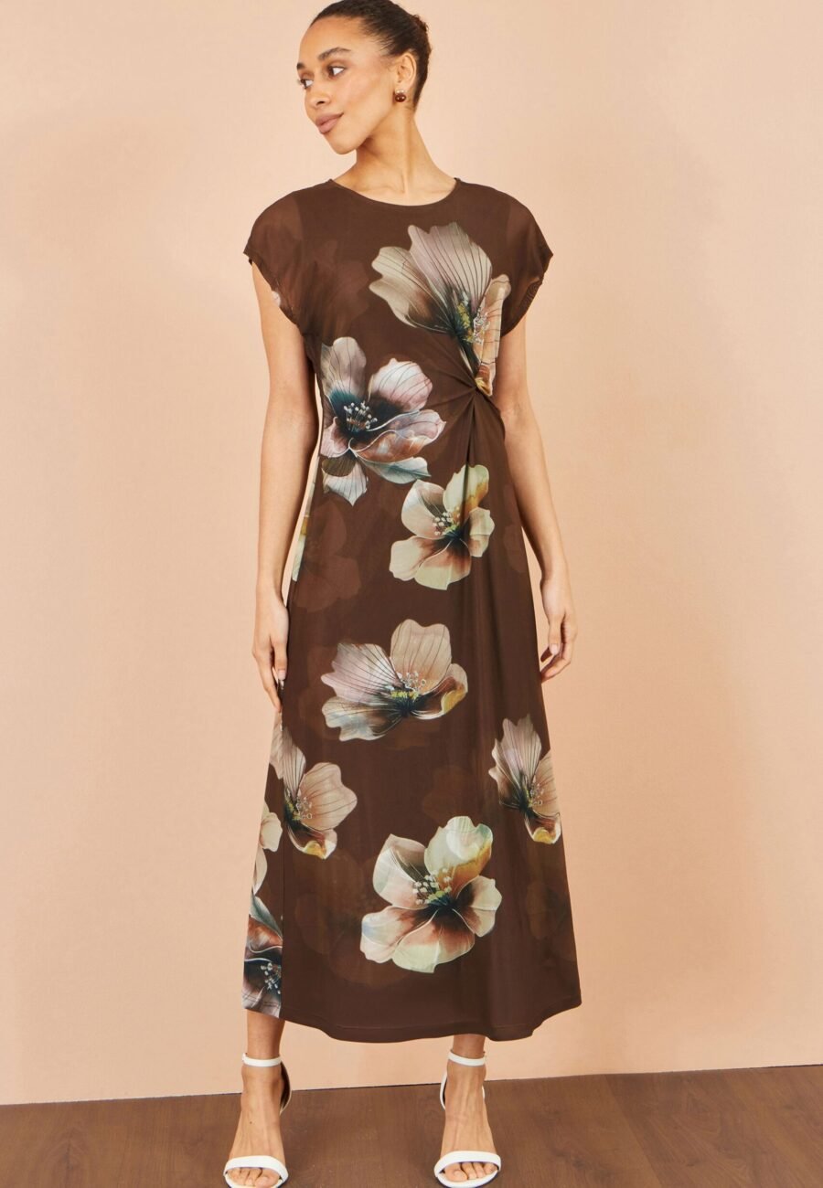 Yumi Brown Mesh Floral Midi Dress