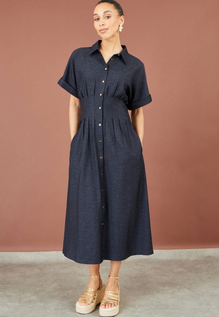 Yumi Navy Stretch Midi Shirt Dress