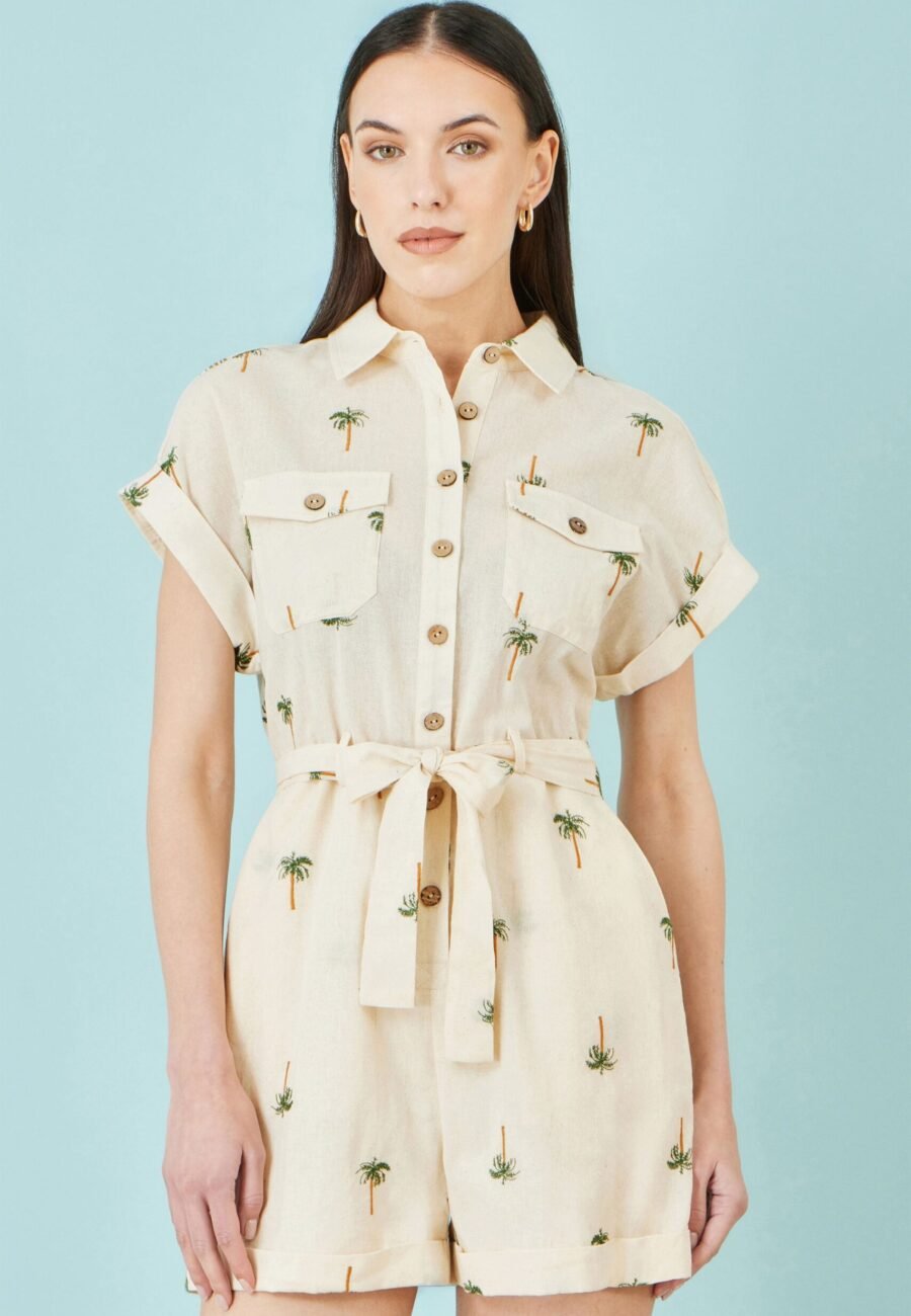 Yumi White Embroidered Palm Print Cotton Playsuit
