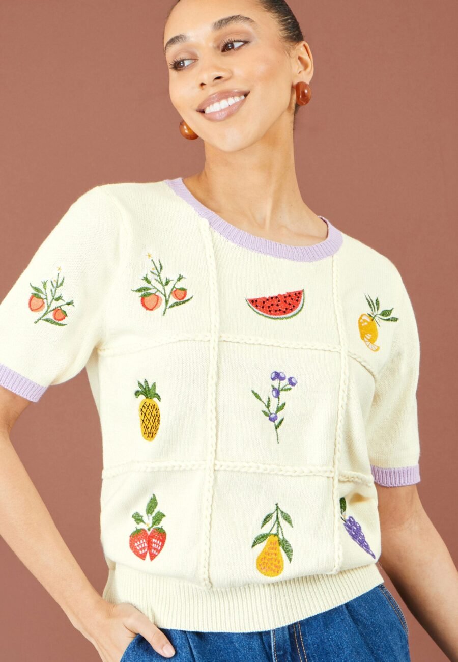 Yumi Ivory Fruit Cotton Knitted Top