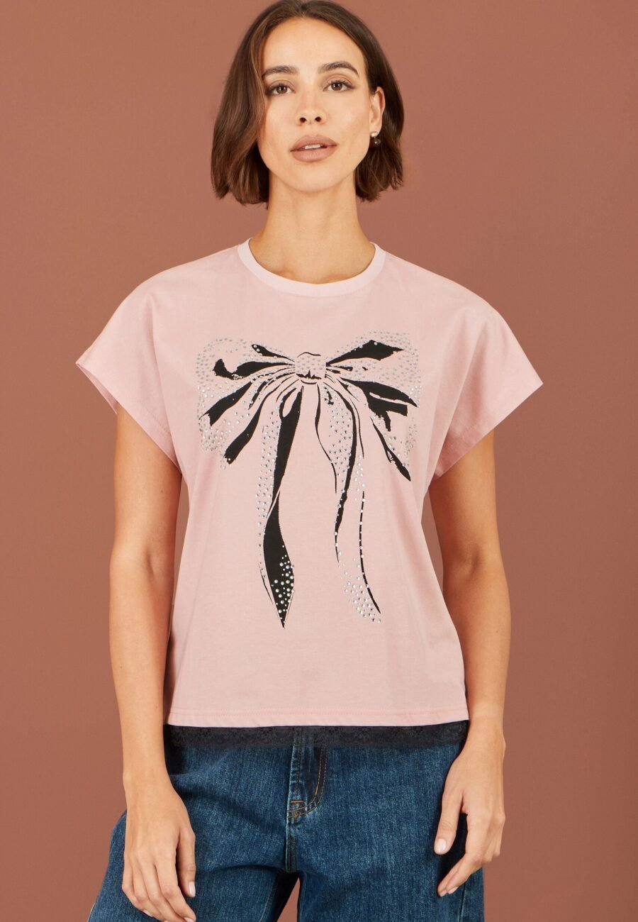 Yumi Pink Bow T-Shirt With Lace