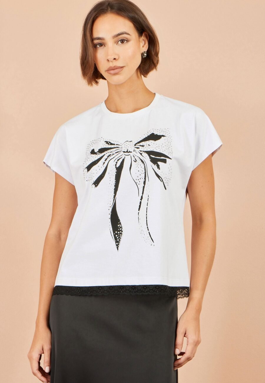 Yumi White Bow T-Shirt With Lace